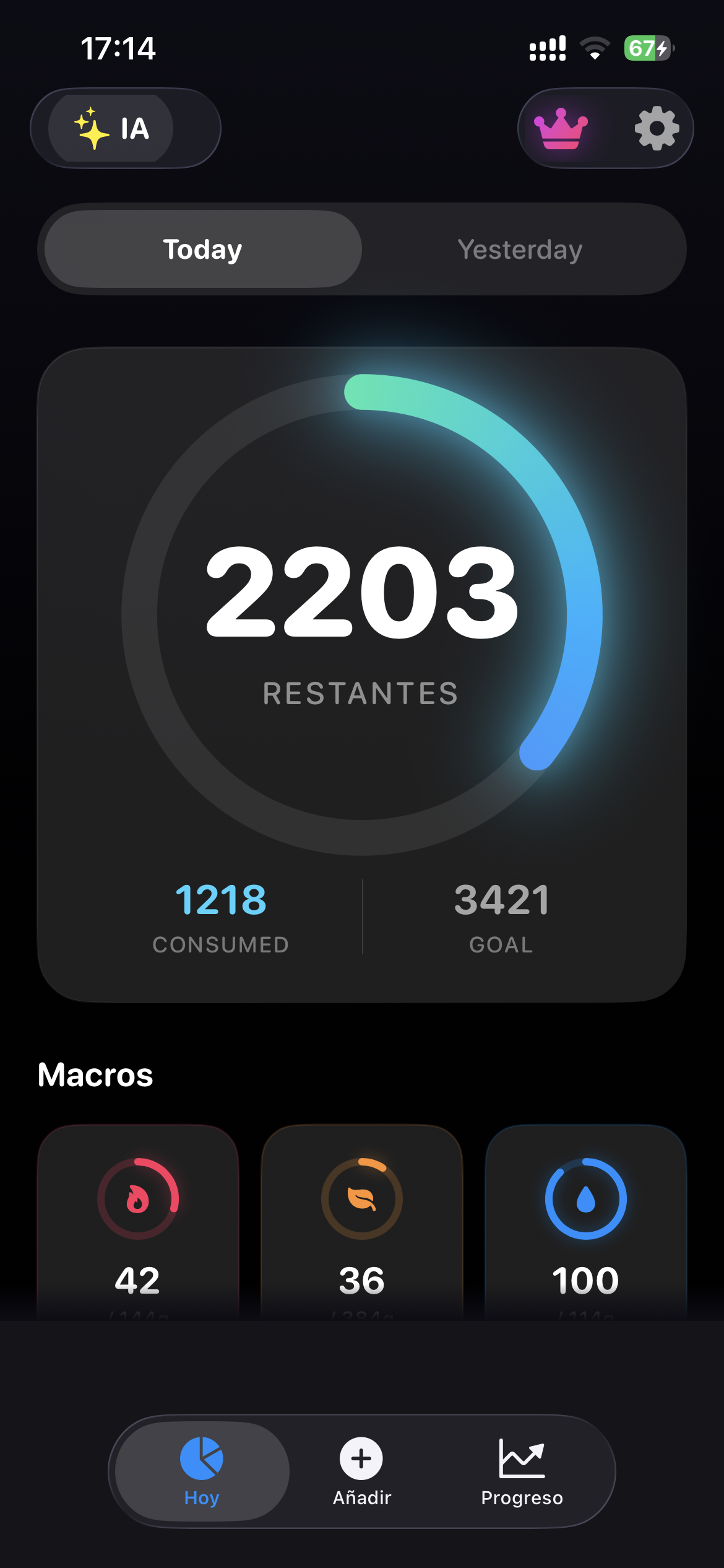 Pantalla de seguimiento diario y progreso de CaloMetric