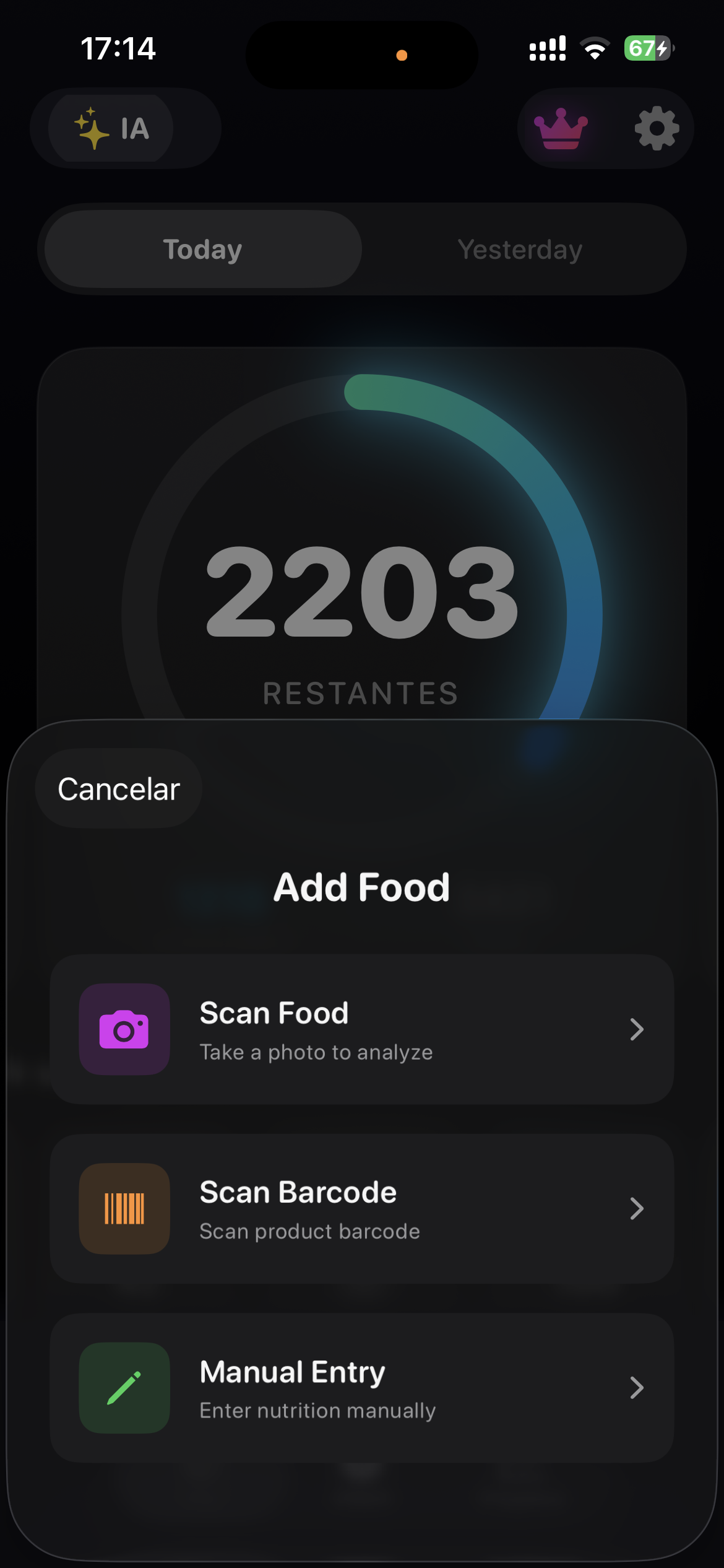 Interfaz de CaloMetric para registrar alimentos mediante foto, código de barras o entrada manual