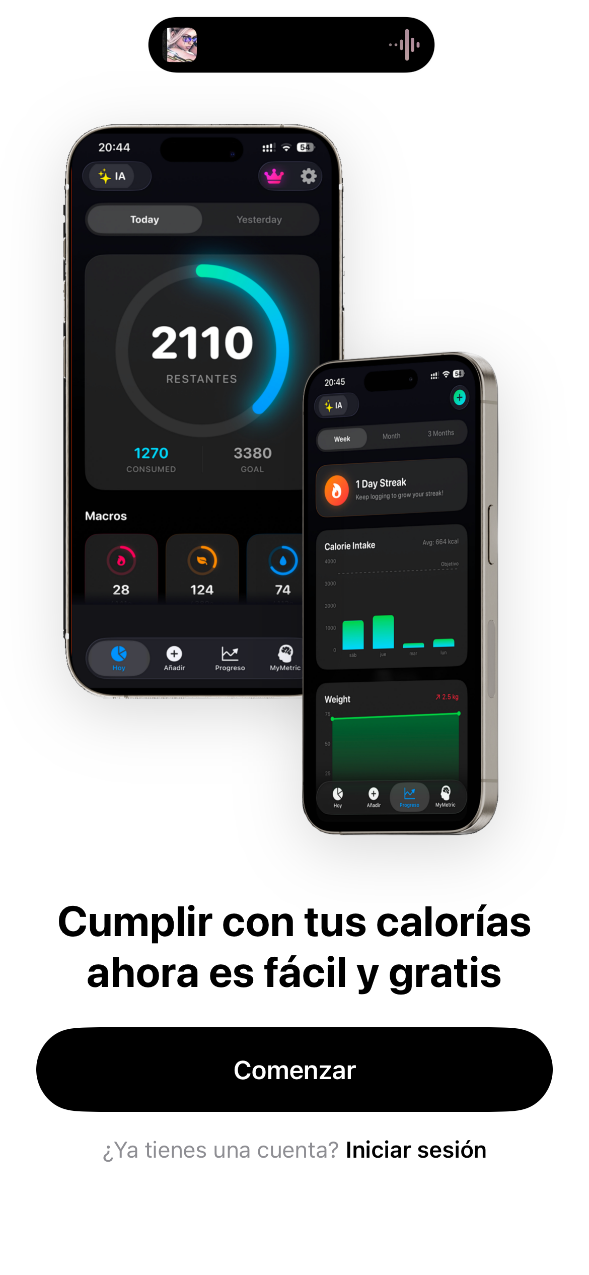 Pantalla de presentación de CaloMetric y sus funciones principales