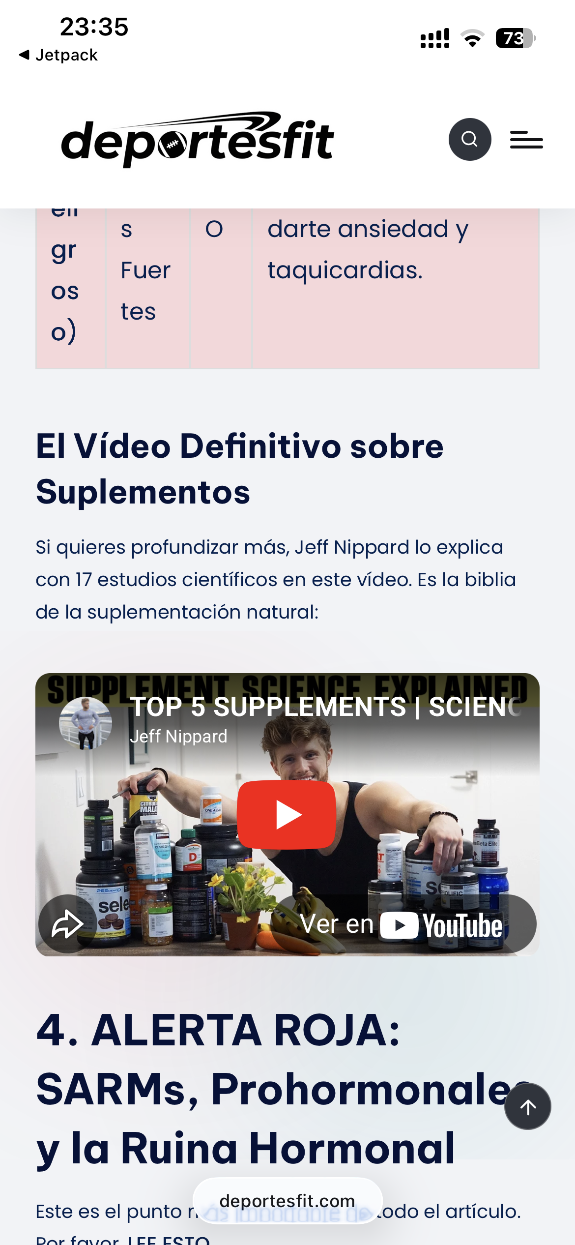Una página de DeportesFit sobre suplementos vista desde el móvil
